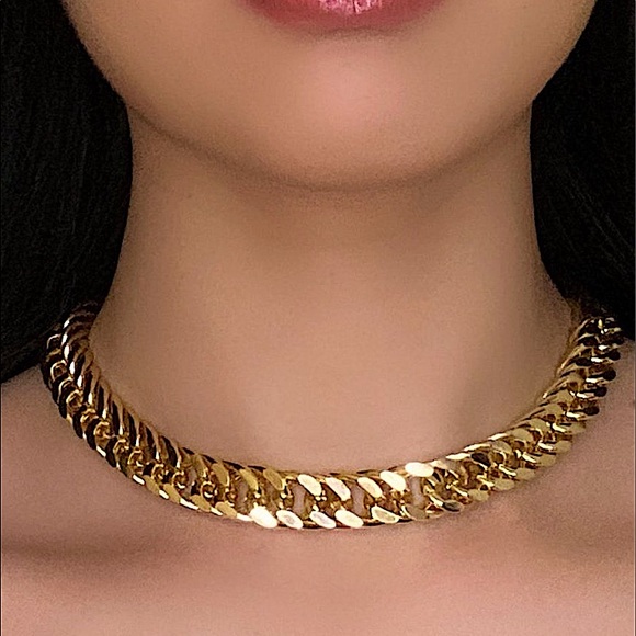 Gold Chain Link Exaggerated Cuban Choker Matching Bracelet Set - Picture 5 of 15